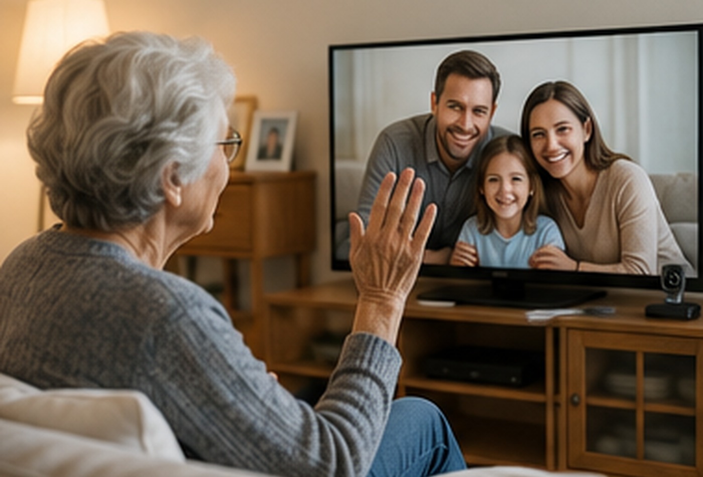 Pessoa sénior a falar com a família por videochamada num ambiente doméstico.